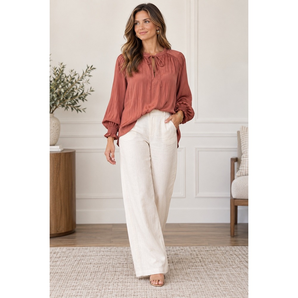 Rachel Zoe Terracotta Rose Satin Peasant Blouse 1X Boho Minimalist Ruffle Top